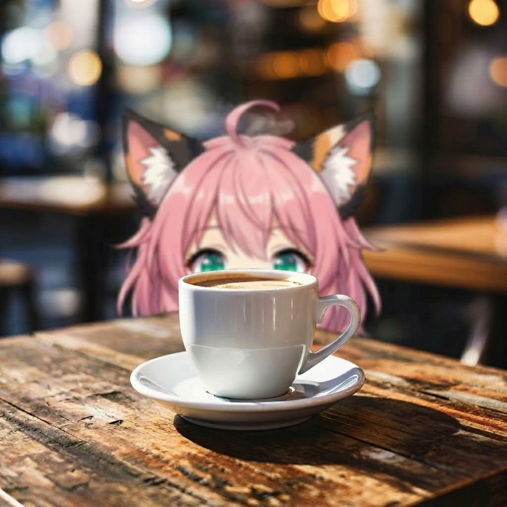 Cute catgirl stares at coffee cup